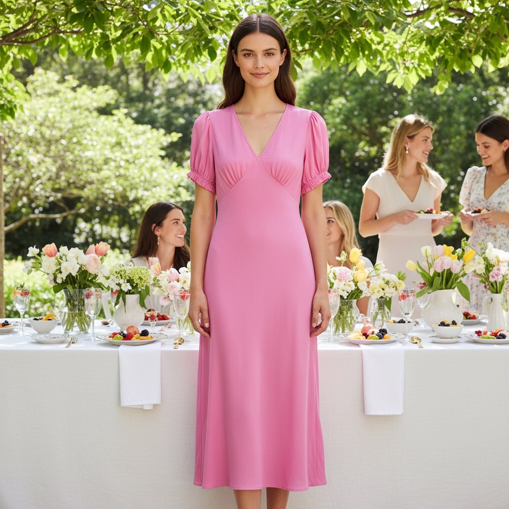 Pink V-Neck Midi Dress – Puffy Short Sleeves – Feminine & Chic